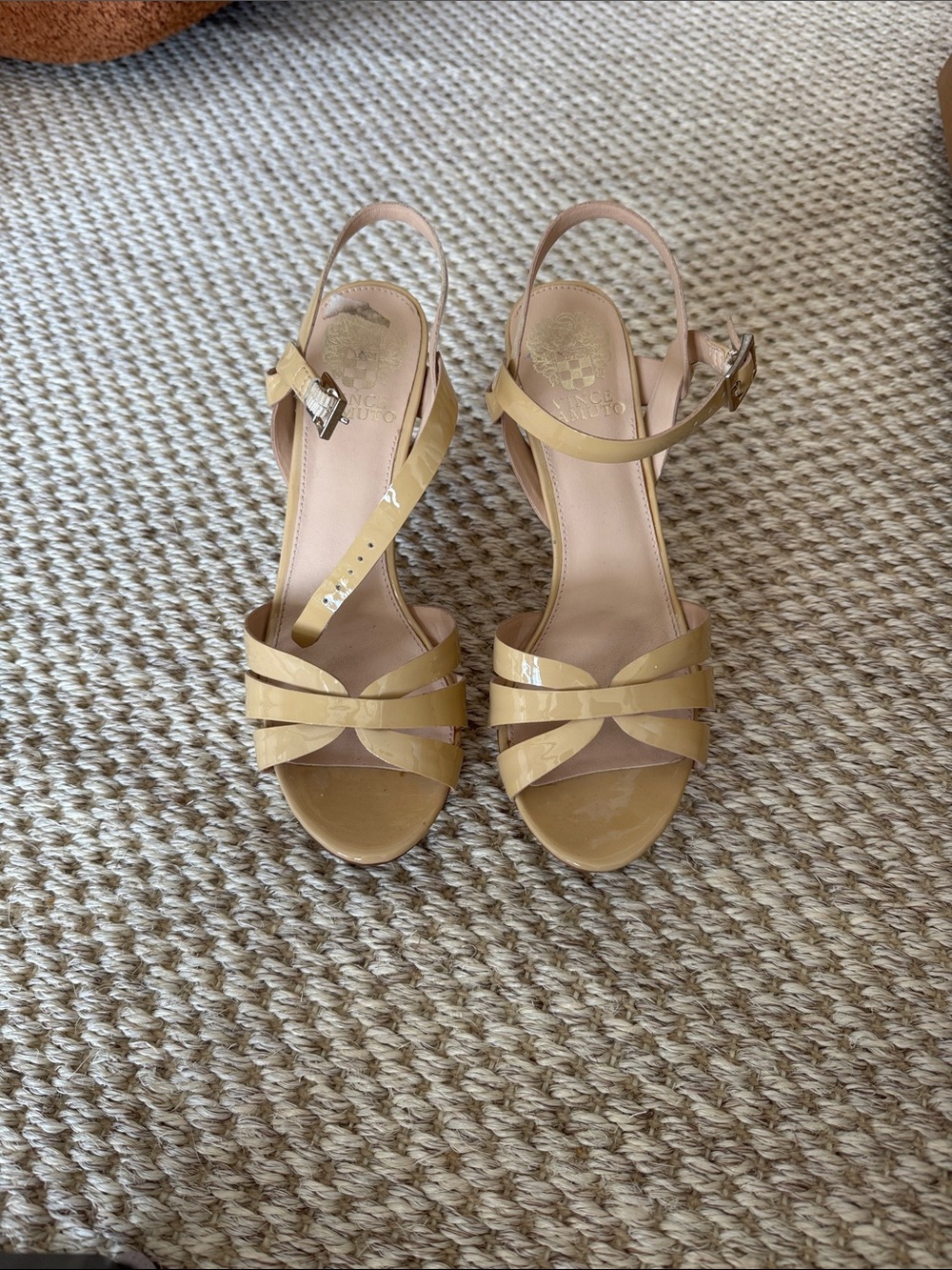 Vince Camuto Beige Patent Leather Strappy Slingback Heels